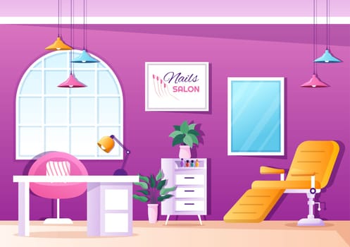 Nail Polish Salon Template Hand Drawn Cartoon Flat Illustration Receiving of Manicure or Pedicure with Tools and Accessories to a Young Girl Concept