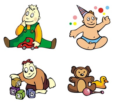 Set of cartoon drawing of children, babies, different activities, vector illustration