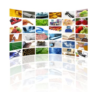 Large wall of tv screens with various images