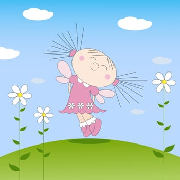 Vector illustration of a dreaming little girl among flowers at the sunny summer day