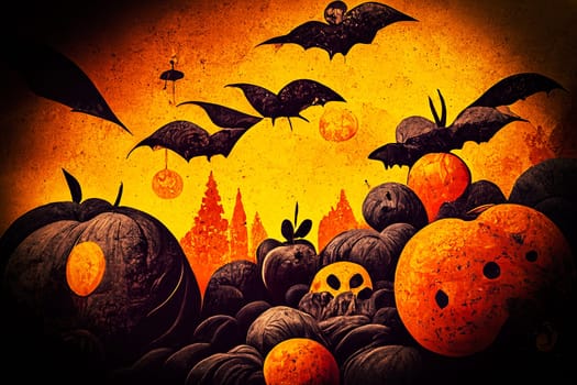 Halloween Background Vector Illustration. Image Of Halloween Background With Pumpkins, Bats And Spiders