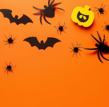 Happy Halloween Background llustration. Image Of Halloween Background With Pumpkins, Bats And Spiders