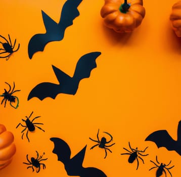 Happy Halloween Background llustration. Image Of Halloween Background With Pumpkins, Bats And Spiders