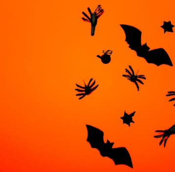 Happy Halloween Background llustration. Image Of Halloween Background With Pumpkins, Bats And Spiders