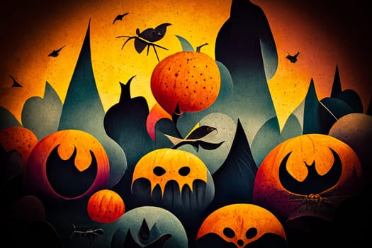 Halloween Background Vector Illustration. Image Of Halloween Background With Pumpkins, Bats And Spiders