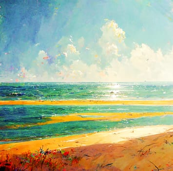 An artwork image depicting a warm sea and a beautiful beach