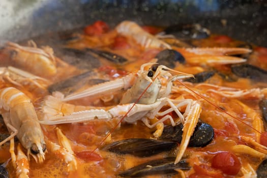 Cooking Italian stew with seafood and tomatoes in a big frying pan. Mediterranean Apulian traditional food with fresh stewed clams, shrimps, mussels, octopus and squid