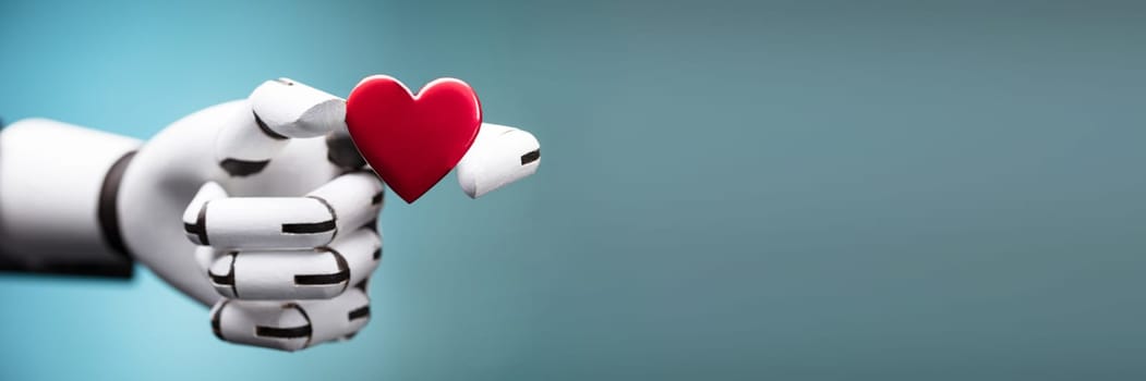 Robot AI Love And Human Heart. Artificial Intelligence Romance Tech