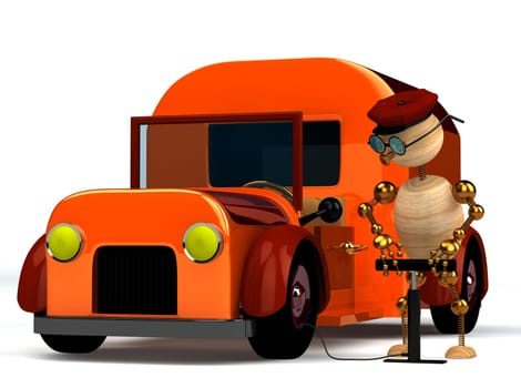 3d wood man pumping red trucks tire isolated on white