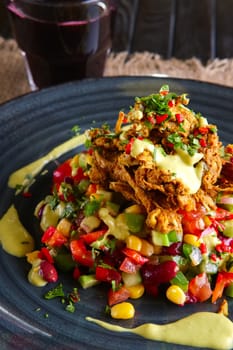 Mexican salad - bell pepper, corn, bean and deep fried bacon chips