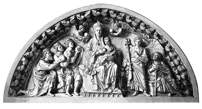 Detailed woodcut of the top of the Goldene Pforte (Golden Gate) .Freiberg (Freiburg) Minster cathedral circa 1480. Portrays the infant Jesus and Virgin Mary and the wise men and a host of angels. The sandstone sculpture is late Romanesque. .This is a reproduction of a woodcut woodblock print scanned and lovingly restored from an 1885 edition of Geschichte der Deutschen Kunst (Art Illustrated) volume 1 from the up-loaders personal archive..