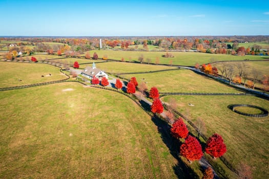 Aerial view of stables and fences of a horse farm in Central Kentucky