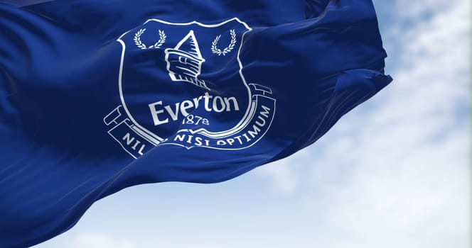 Liverpool, UK, sept 2022: The flag of Everton football club waving in the wind. Everton FC is a professional football club based in Liverpool, England