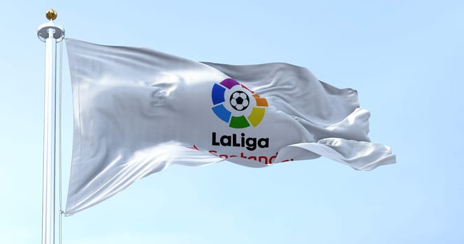 Madrid, SPA, July 2022: Close-up of the La Liga flag waving in the wind. La Liga is the men top professional football division of the Spanish football league system. Illustrative editorial