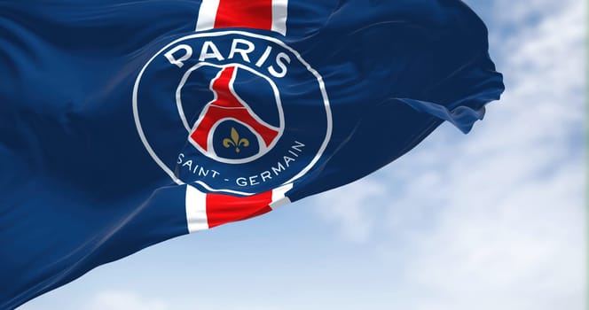 Paris, FRA, sept 2022: The flag of Paris Saint Germain football club waving in the wind. Paris Saint Germain is a professional football club based in Paris, France