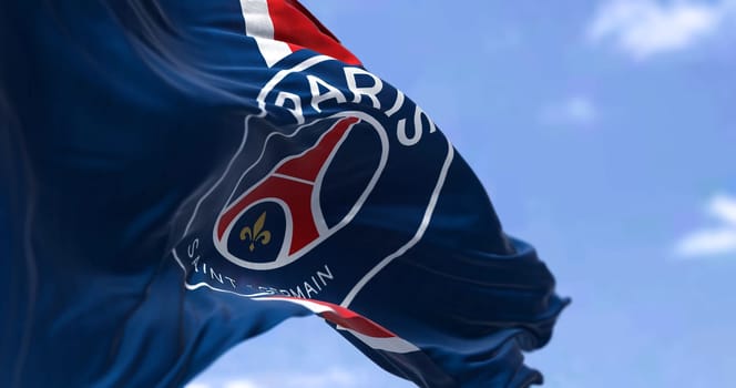 Paris, FRA, sept 2022: The flag of Paris Saint Germain football club waving in the wind. Paris Saint Germain is a professional football club based in Paris, France