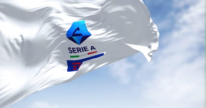 Rome, ITA, July 2022: Close-up of the Serie A TIM flag waving in the wind. Serie A Serie A is the top division of the Italian men football league. Fabric textured background. Illustrative editorial