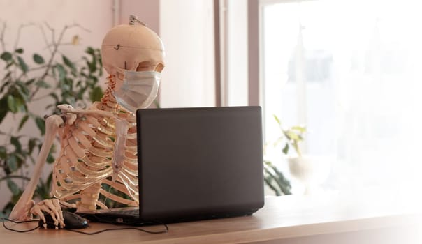 The skeleton in a medical mask using a computer in the office