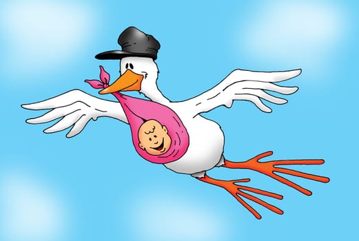 Image of a Stork carrying a Baby Girl.
