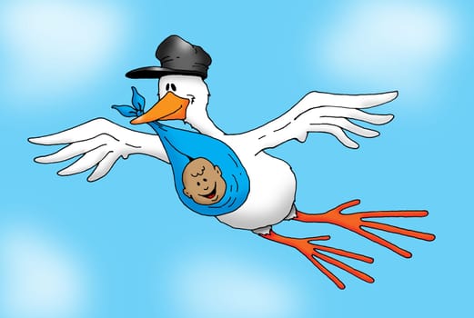 Image of a Stork carrying an African-American Baby Boy.