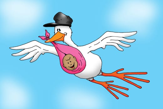 Image of a Stork carrying an African-American Baby Girl.