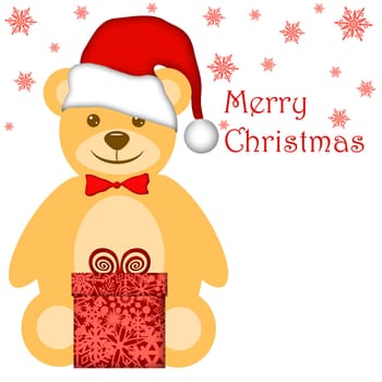 Christmas Teddy Bear with Red Santa Hat and Present Illustration