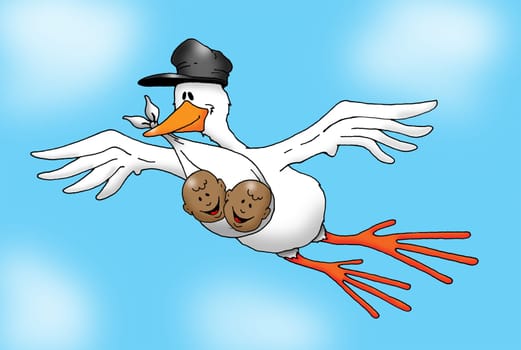 Image of a Stork carrying African-American Twins.