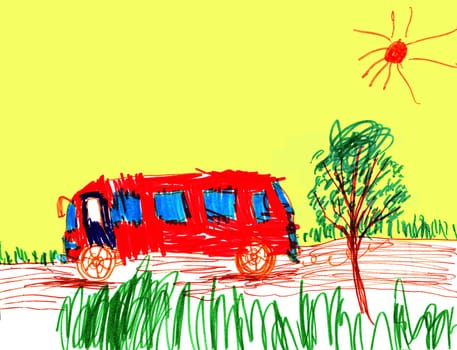 The school bus children's figure on a paper