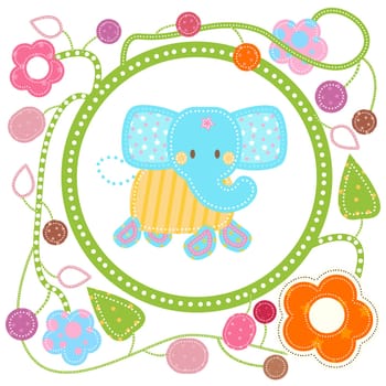 sweet blue elephant in flowery frame
