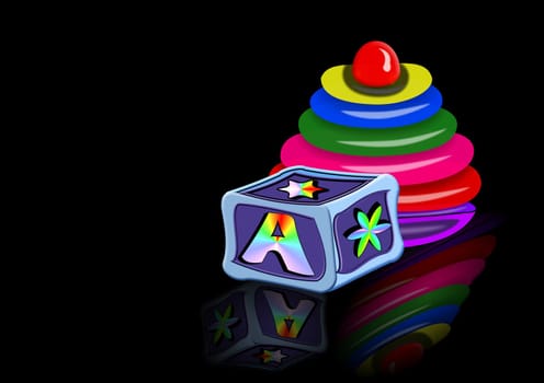 Colorful illustration of two childrens toys. Background is on a work path.