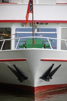 Bow of a barge with anchors