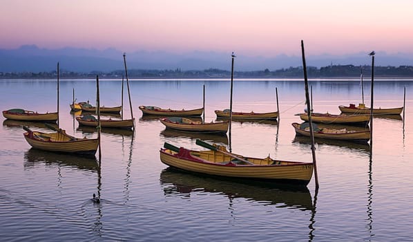 Evening red with rowing boats