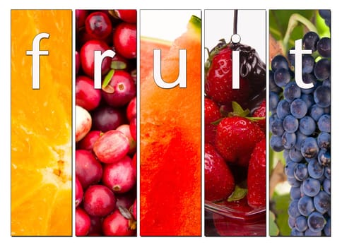 Composite image including 5 panels depicting fruit with the word fruit inside with styling and drop shadow