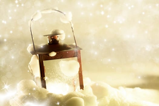 Christmas background with red lantern in the snowfall