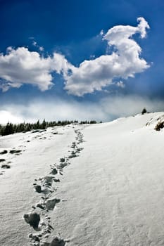 Snowy path on the hillside and beautiful abtract evening sky