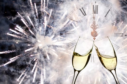 Glasses with champagne against holiday lights and clock close to midnight