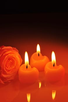 Three bright pink candles in heart shape with pink rose in red light
