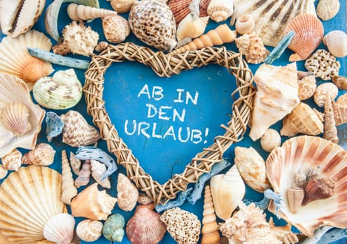 Weathered background made of wood with shells and beach goods
