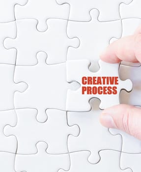 Missing jigsaw puzzle piece with word CREATIVE PROCESS. Business concept image for completing the puzzle.