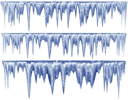 set of hanging thawing and melting blue dripping icicles, as a shiny crystal glass, with crisp spikes in icy winter season time from freezer make around arctic frost with icing on the scene