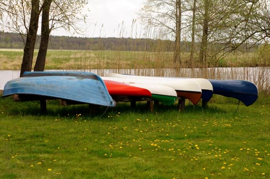 A series of canoes and rowing boats stands on a meadow on the river.