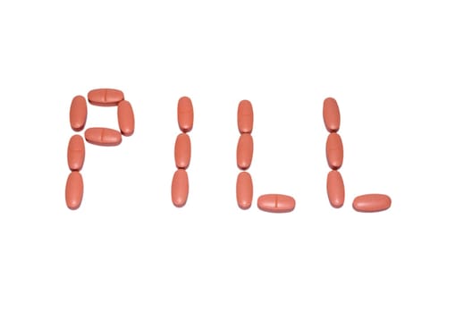 A series of tablets distributed on a bright background that results in the word pill.