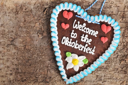 original Bavarian Oktoberfest gingerbread heart on real brown tree bark
