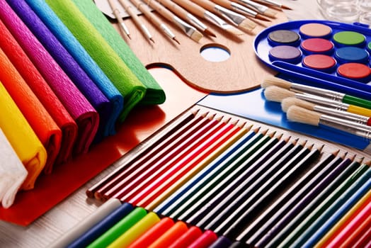 Composition with school accessories for painting and drawing.