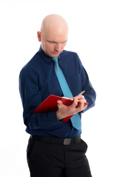 young businessman with clipboard in front of white background