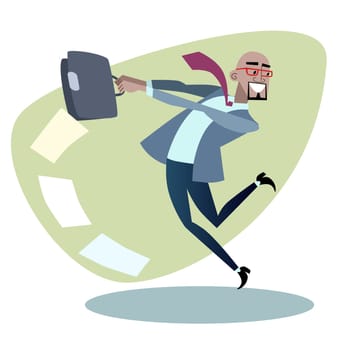African businessman throws the briefcase with papers like a hammer. Business and sport concept black