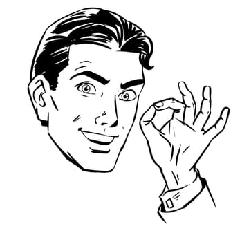 Sketch a man wants a gesture okay. retro style comic book illustration. business theme success