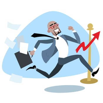 African businessman crosses the finish line chart of sales. Business and sport concept