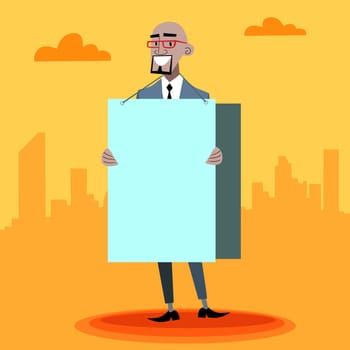 African businessman with an advertising poster with place for text. Unemployed advertiser black smile joy