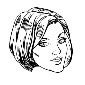 Beautiful young woman face smile retro line art graphics